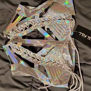 Dolls Kill Holographic Lace-Up Crop Top